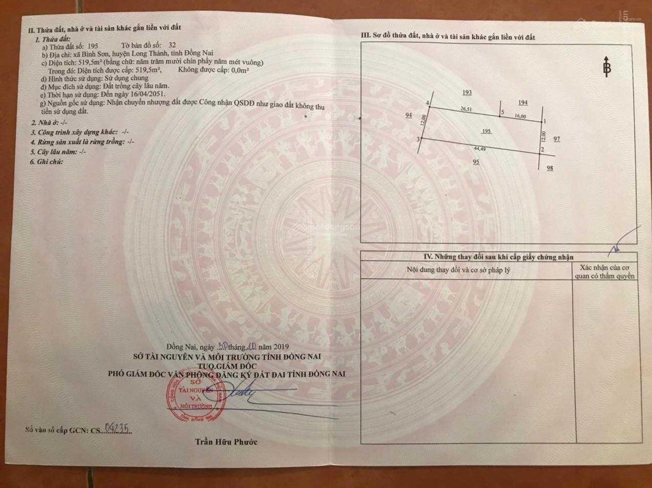 Cần bán lô đất 520m2 (12x44) liền kề sân bay Long Thành. Ngay chợ Bình Sơn.