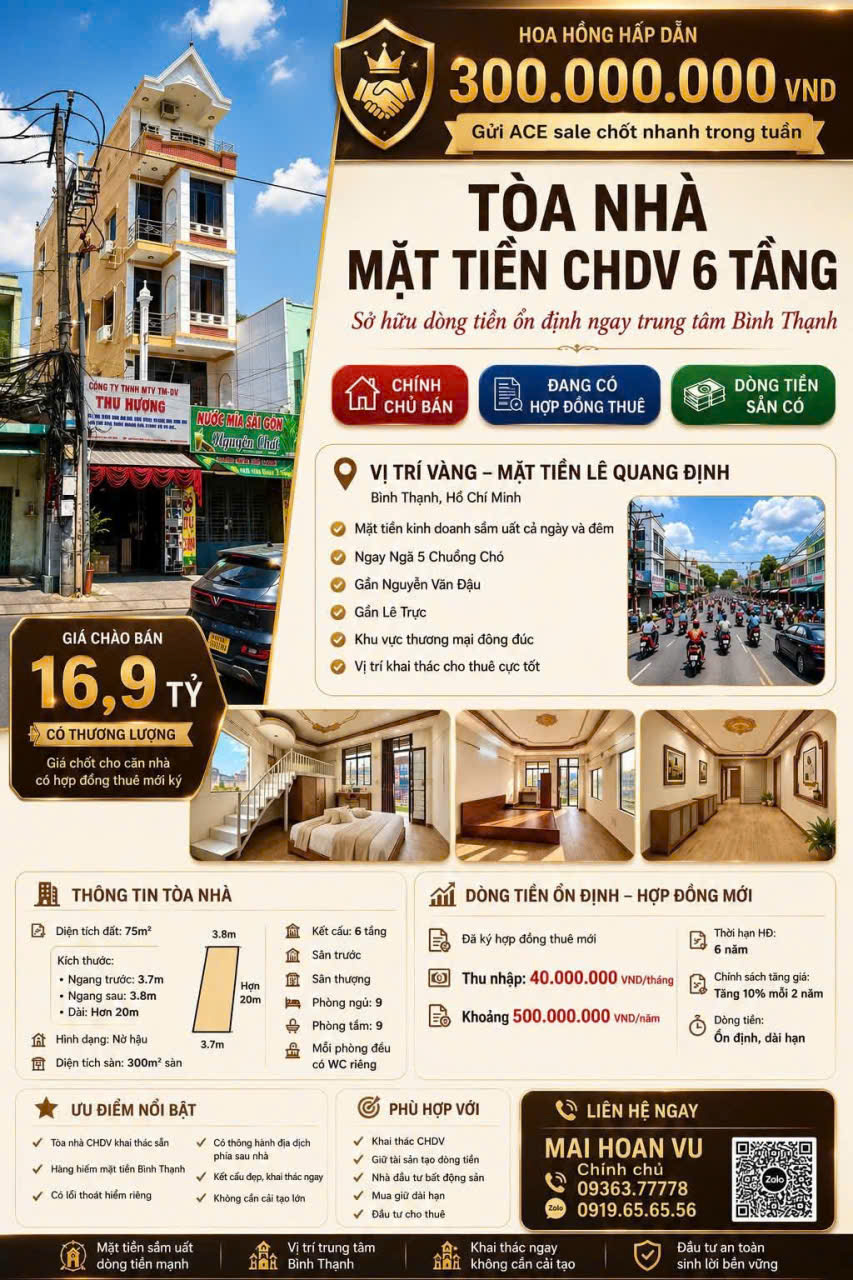 HOT HOT –CẦN BÁN CĂN NHÀ -TÒA NHÀ CHDV 6 TẦNG DÒNG TIỀN ỔN ĐỊNH-MT Lê Quang