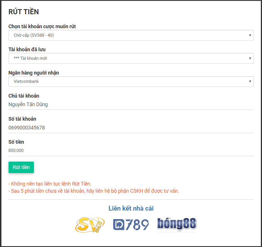 Hướng dẫn nạp và rút tiền lvs 788 Bóng88
