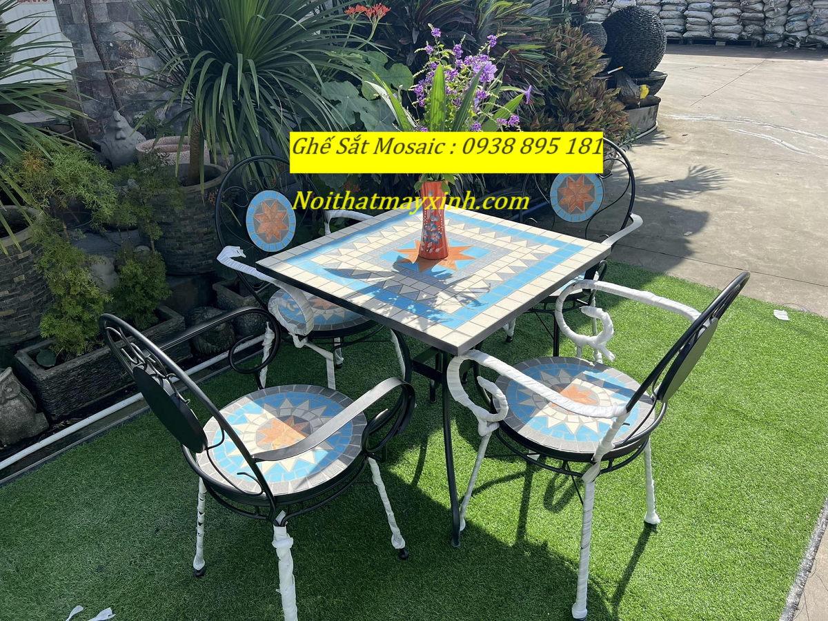 Mẫu ghế sắt mặt đá mosaic ngoài trời , ghế mosaic giá rẻ