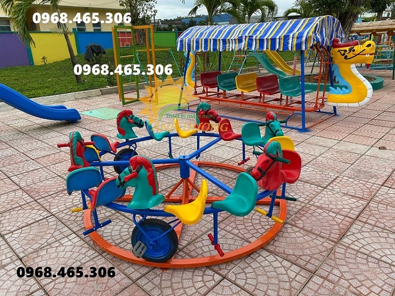 Đu quay đạp chân đầu ngựa mầm non, đu quay trên ray trẻ em