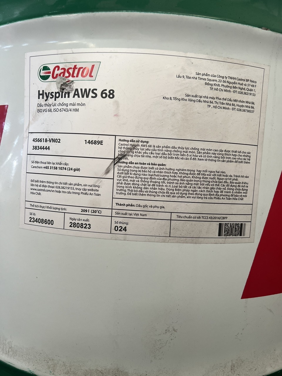 Dầu thủy lực Castrol Hyspin AWS 68 chính hãng.