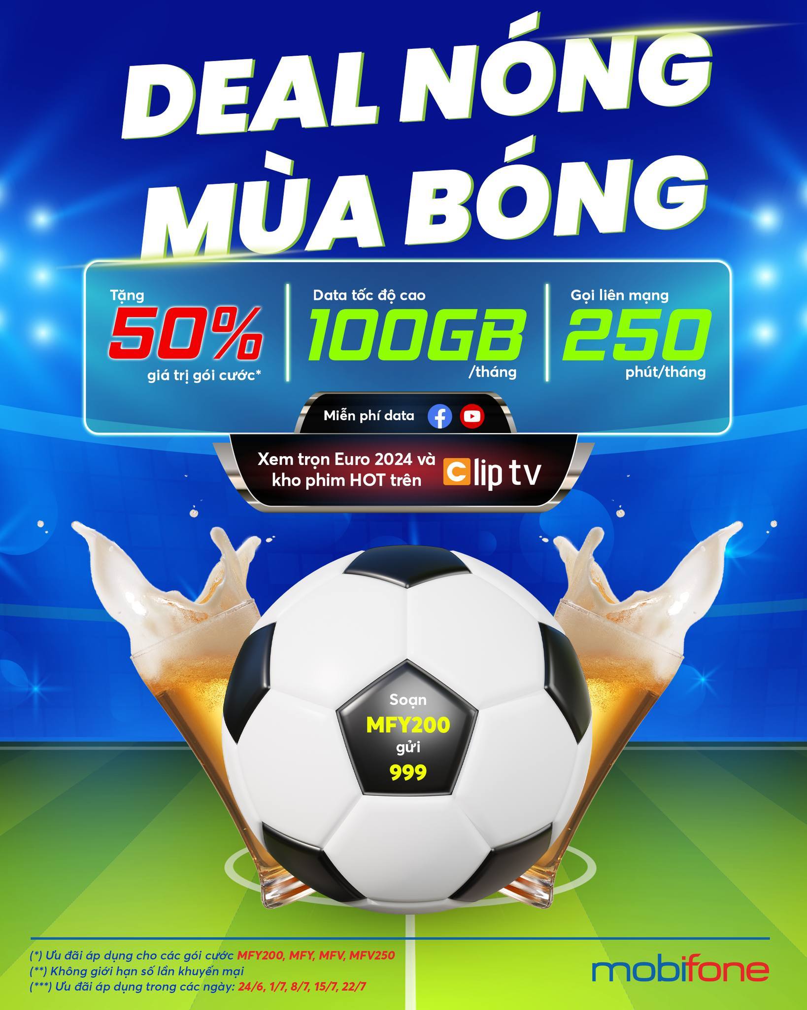 Khuyến mãi mùa EURO: Đăng ký 4G MobiFone tặng 50% giá trị gói cước