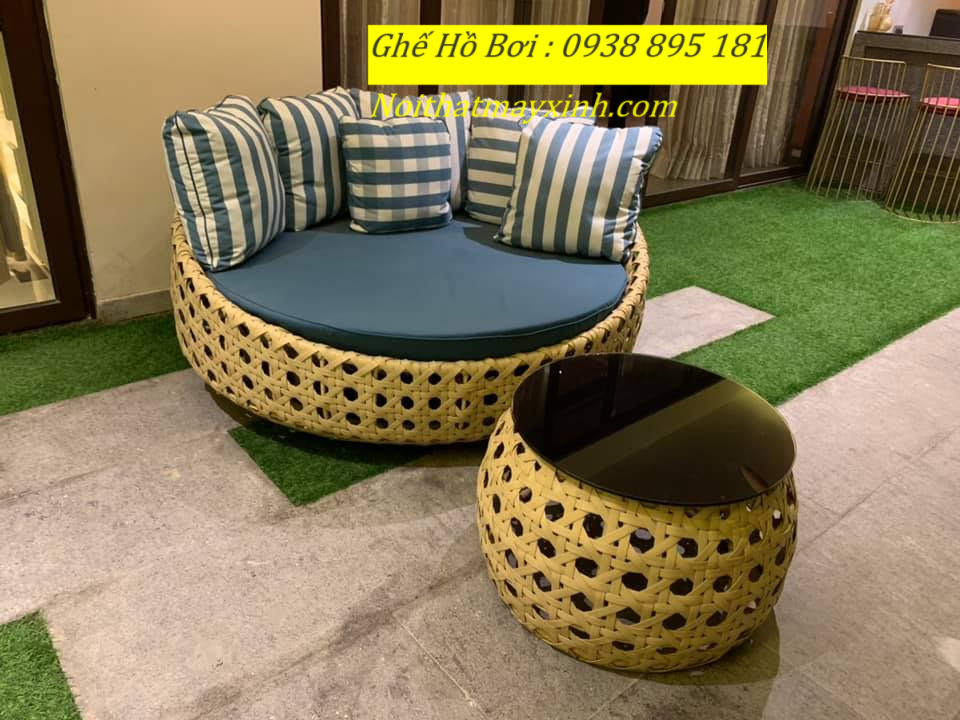 Giường tắm nắng hình tròn , giường hồ bơi mây nhựa tròn