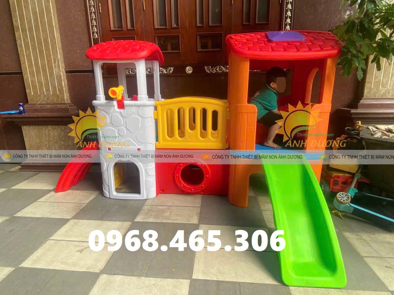 Cầu trượt 2 khối ngôi nhà cho bé, ngôi nhà cầu trượt mầm non