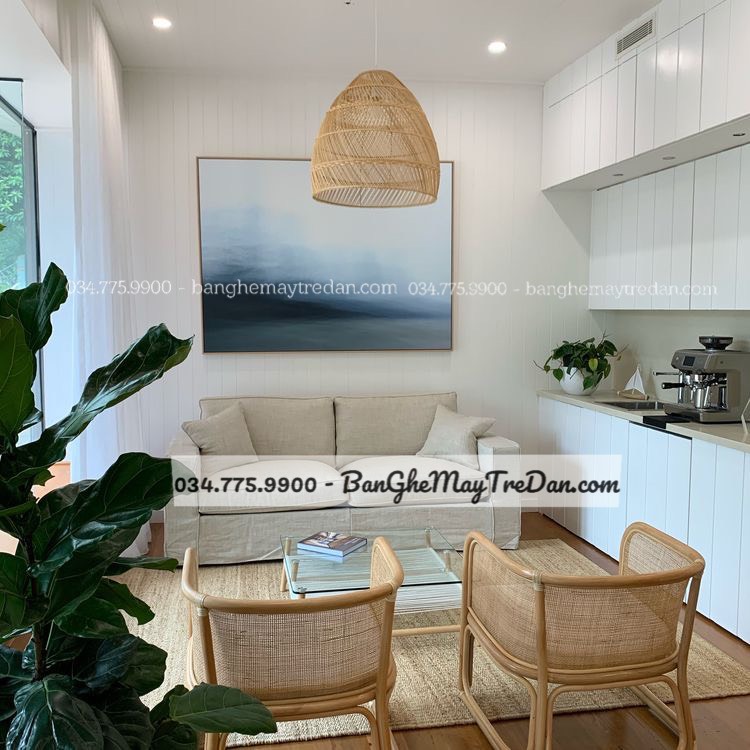 Ghế mây tự nhiên kết hợp cùng sofa vải