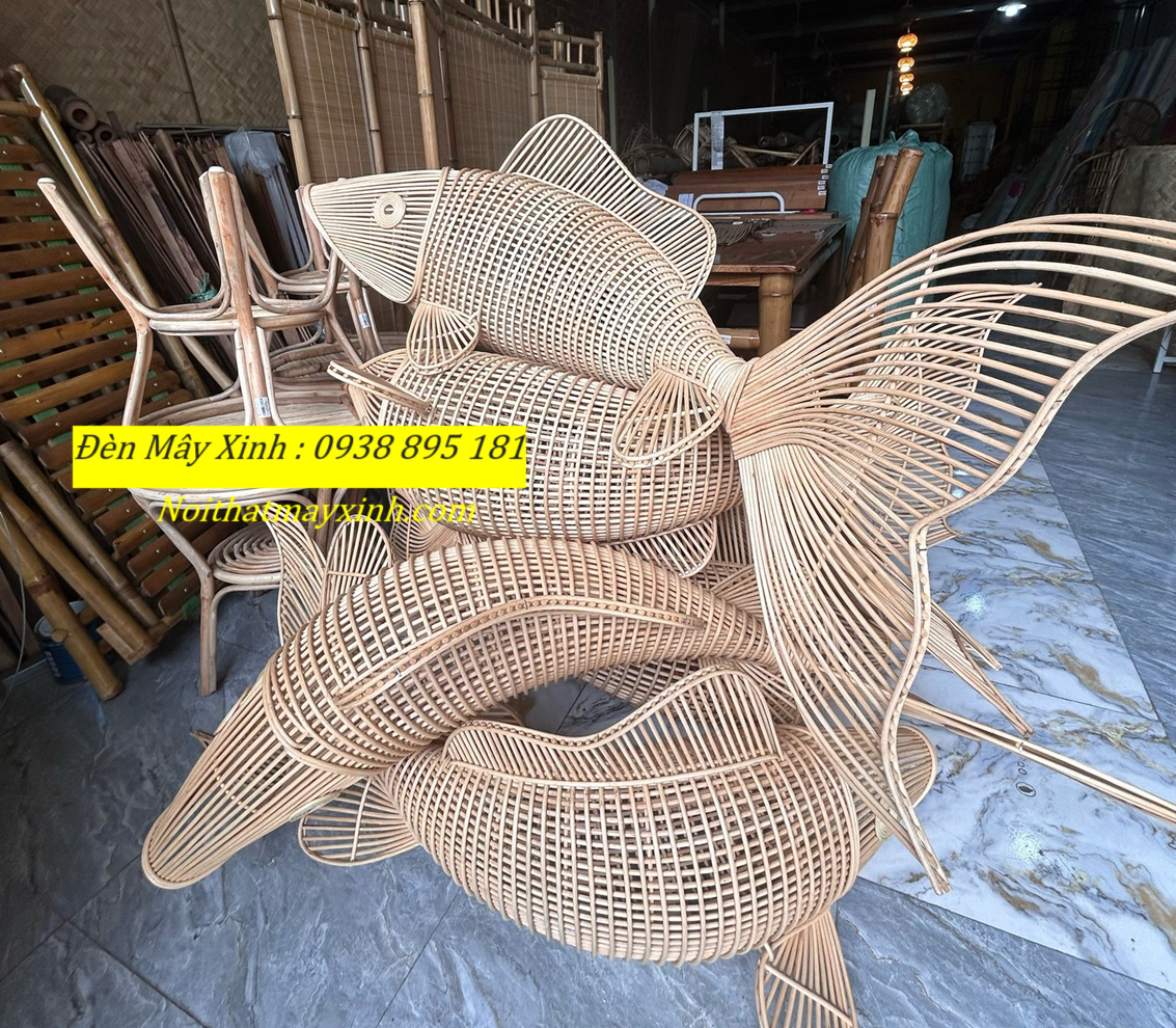 Xưởng làm đèn mây hình cá độc đáo, đèn cá bằng mây tre đan