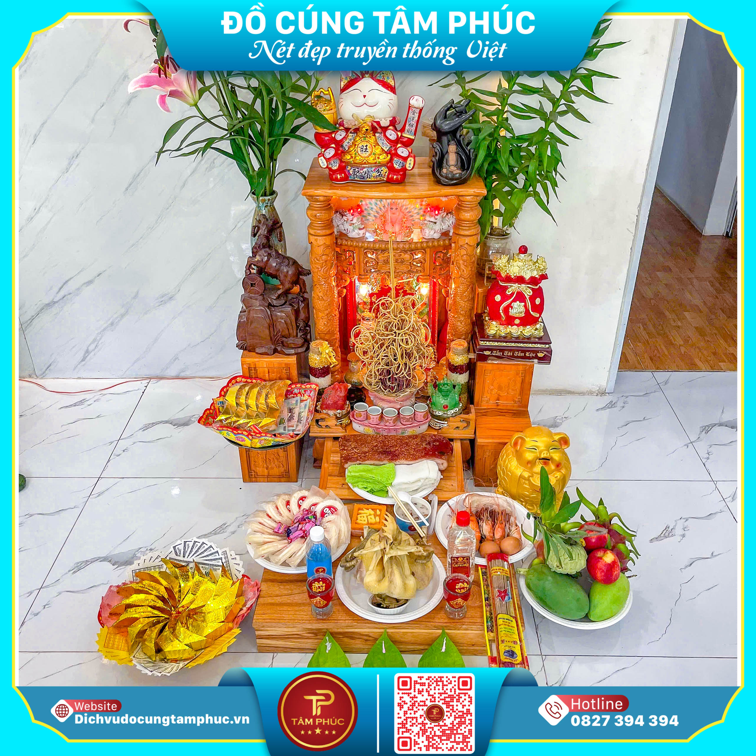 Mâm cúng thần tài – thổ địa giúp kinh doanh phát đạt tại Cần Thơ.