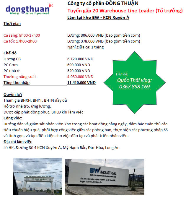 Kho BW - KCN XUYÊN Á tuyển tổ trưởng Warehouse Line Leader