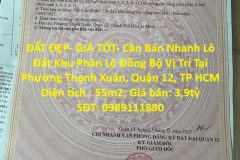 ĐẤT ĐẸP- GIÁ TỐT- Cần Bán Nhanh Lô Đất Khu Phân Lô Đồng Bộ Vị Trí Tại Quận 12,