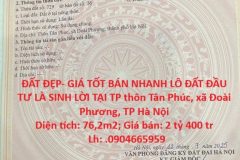 ĐẤT ĐẸP- GIÁ TỐT BÁN NHANH LÔ ĐẤT ĐẦU TƯ LÀ SINH LỜI TẠI TP xã Đoài Phương, TP