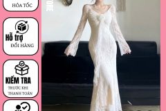 Váy dự tiệc đuôi cá tay loe phối hoa chất ren co giãn xinh xắn cho nữ