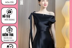 Váy dự tiệc thiết kế trễ vai phối nơ chất lụa hàn